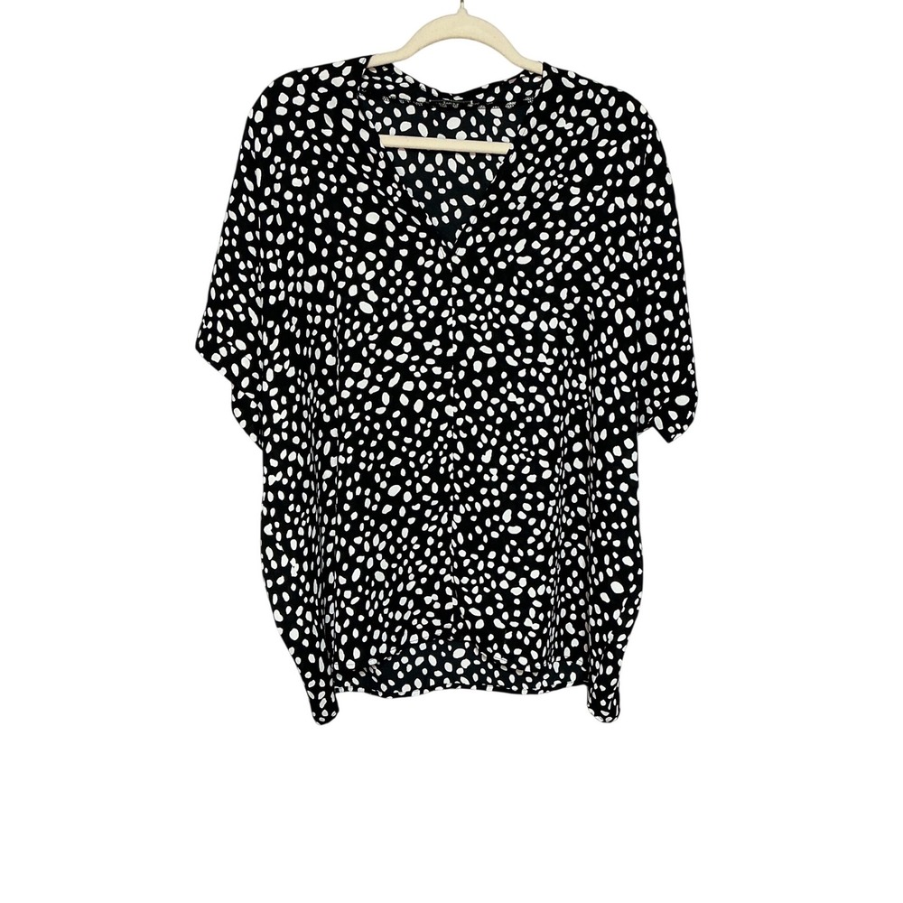 Jodifl Black White Dot V-Neck Short Sleeve Oversized Blouse Top Medium C7854-4